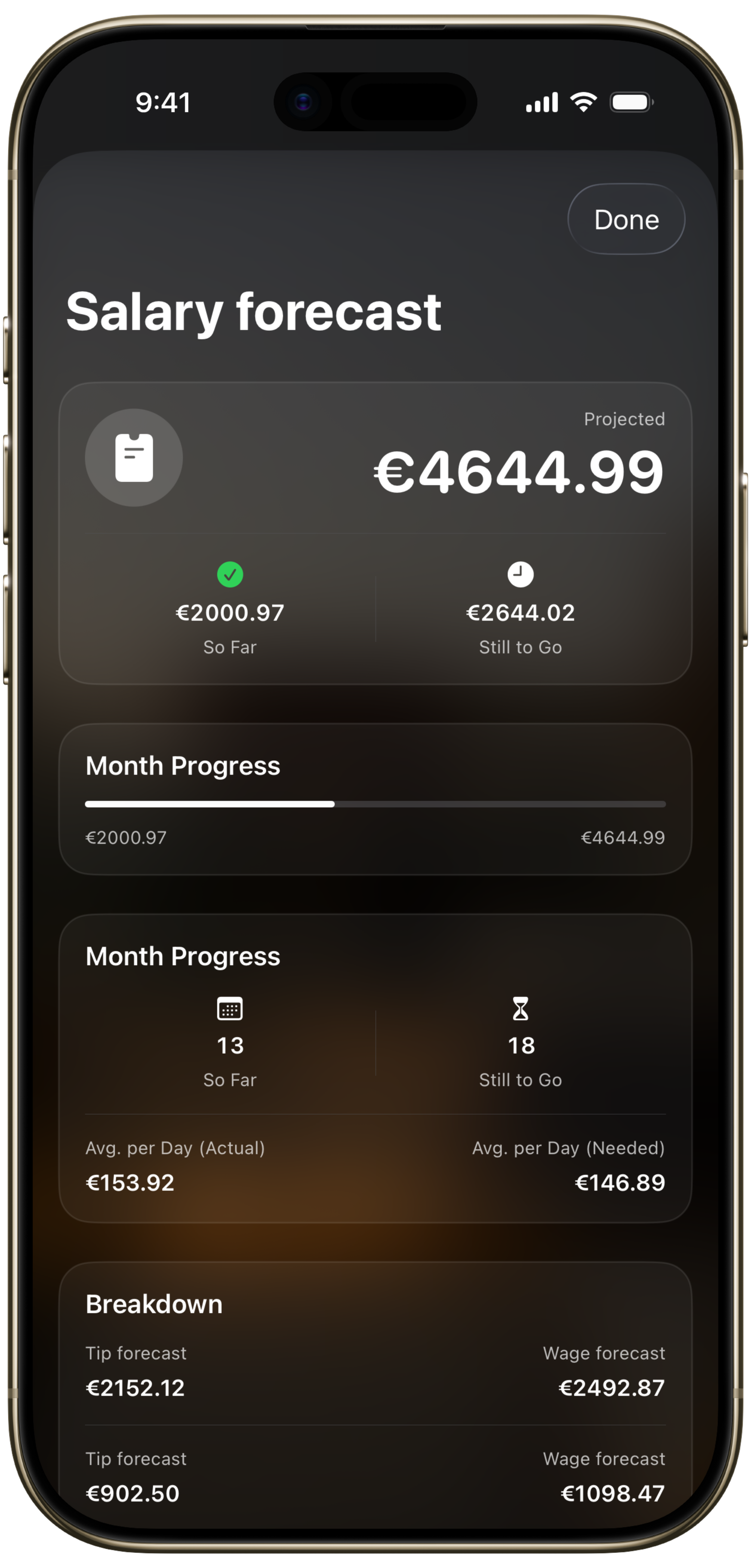 ShiftTap Gehaltsprognose auf dem iPhone
